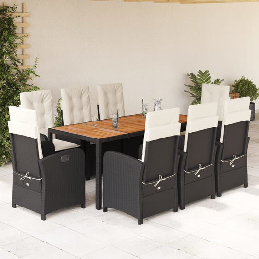 Set da Pranzo da Giardino 9 pz con Cuscini Nero in Polyrattan - homemem39