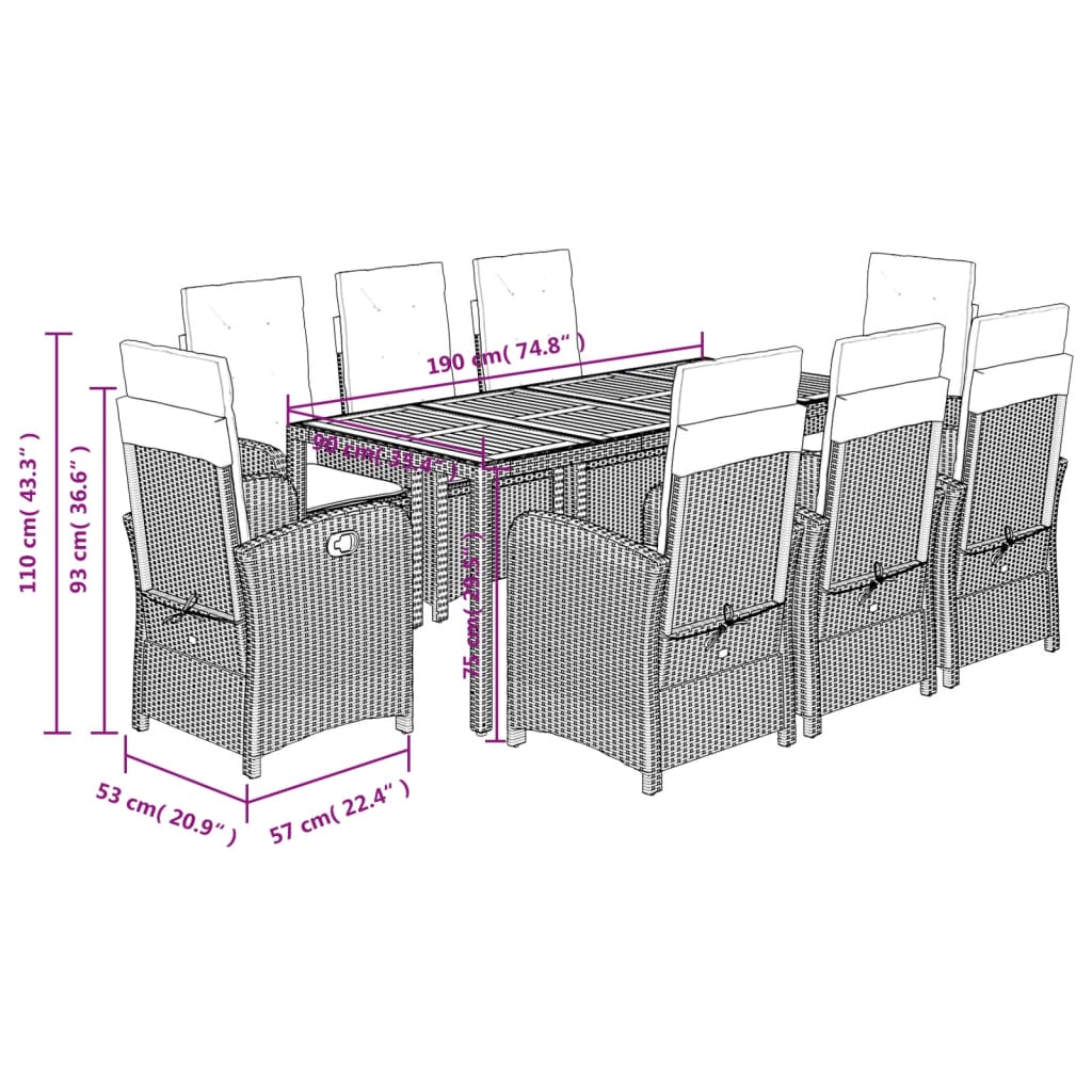 Set da Pranzo da Giardino 9 pz con Cuscini in Polyrattan Grigio | homemem39