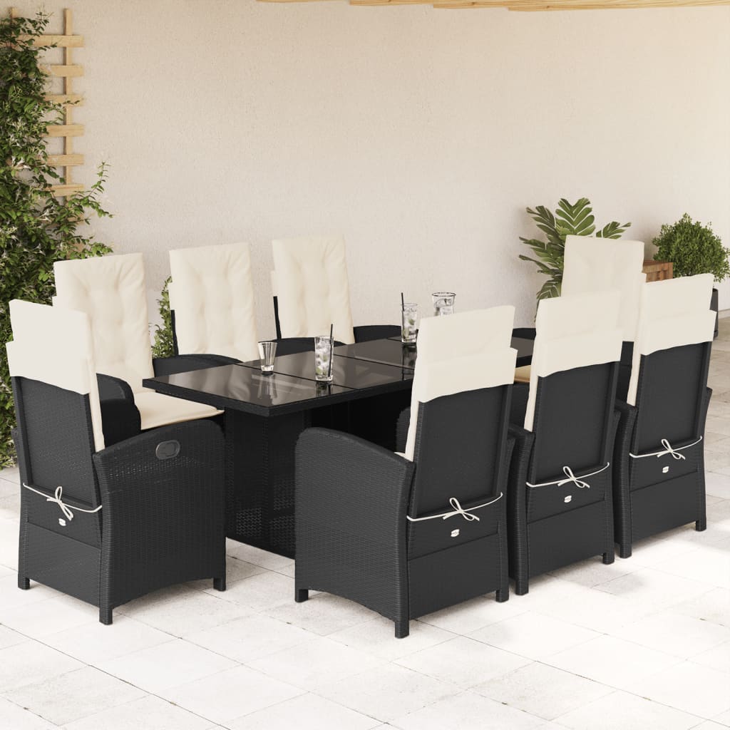 Set da Pranzo da Giardino 9 pz con Cuscini Nero in Polyrattan - homemem39