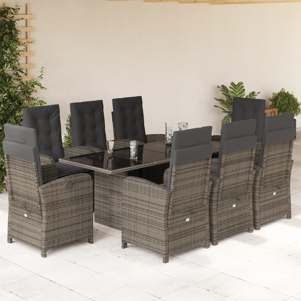 Set da Pranzo da Giardino 9 pz con Cuscini in Polyrattan Grigio - homemem39