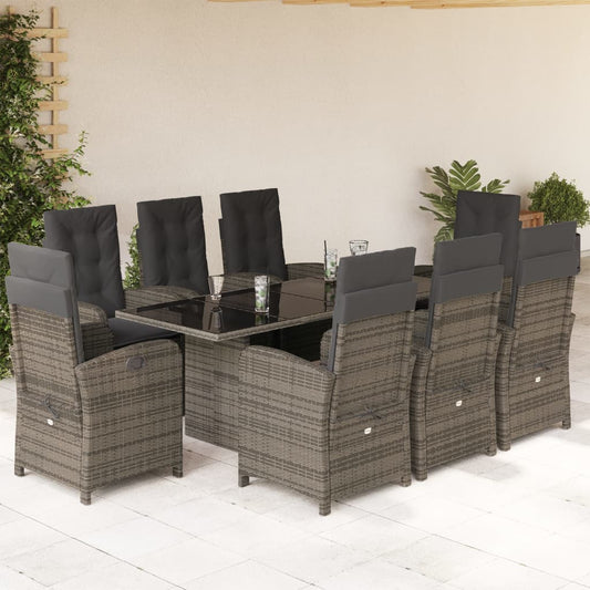 Set da Pranzo da Giardino 9 pz con Cuscini in Polyrattan Grigio - homemem39