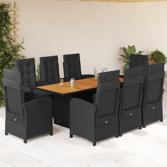 Set da Pranzo da Giardino 9 pz con Cuscini Nero in Polyrattan - homemem39