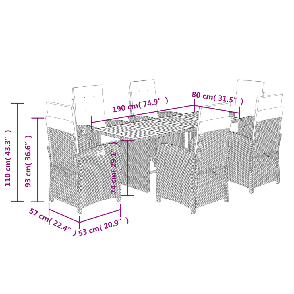 Set da Pranzo da Giardino 7 pz con Cuscini Beige in Polyrattan