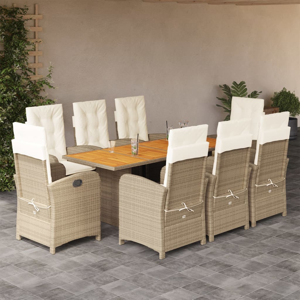 Set da Pranzo da Giardino 9 pz con Cuscini Beige in Polyrattan | homemem39