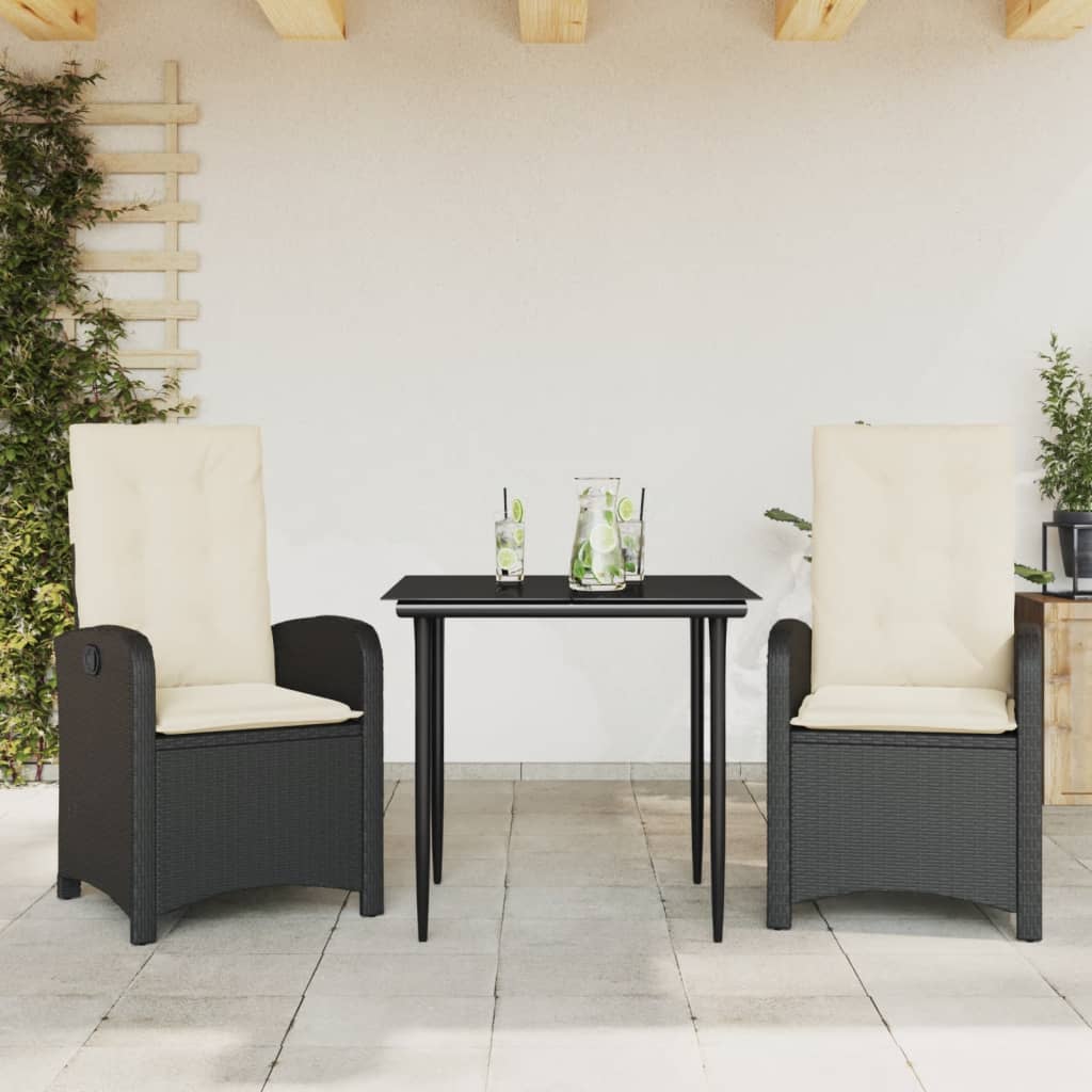 Set da Pranzo da Giardino 3 pz con Cuscini Nero in Polyrattan