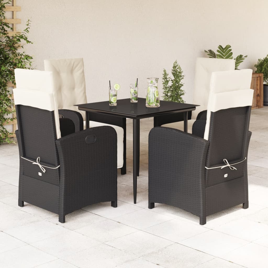 Set da Pranzo da Giardino 5 pz Nero con Cuscini in Polyrattan