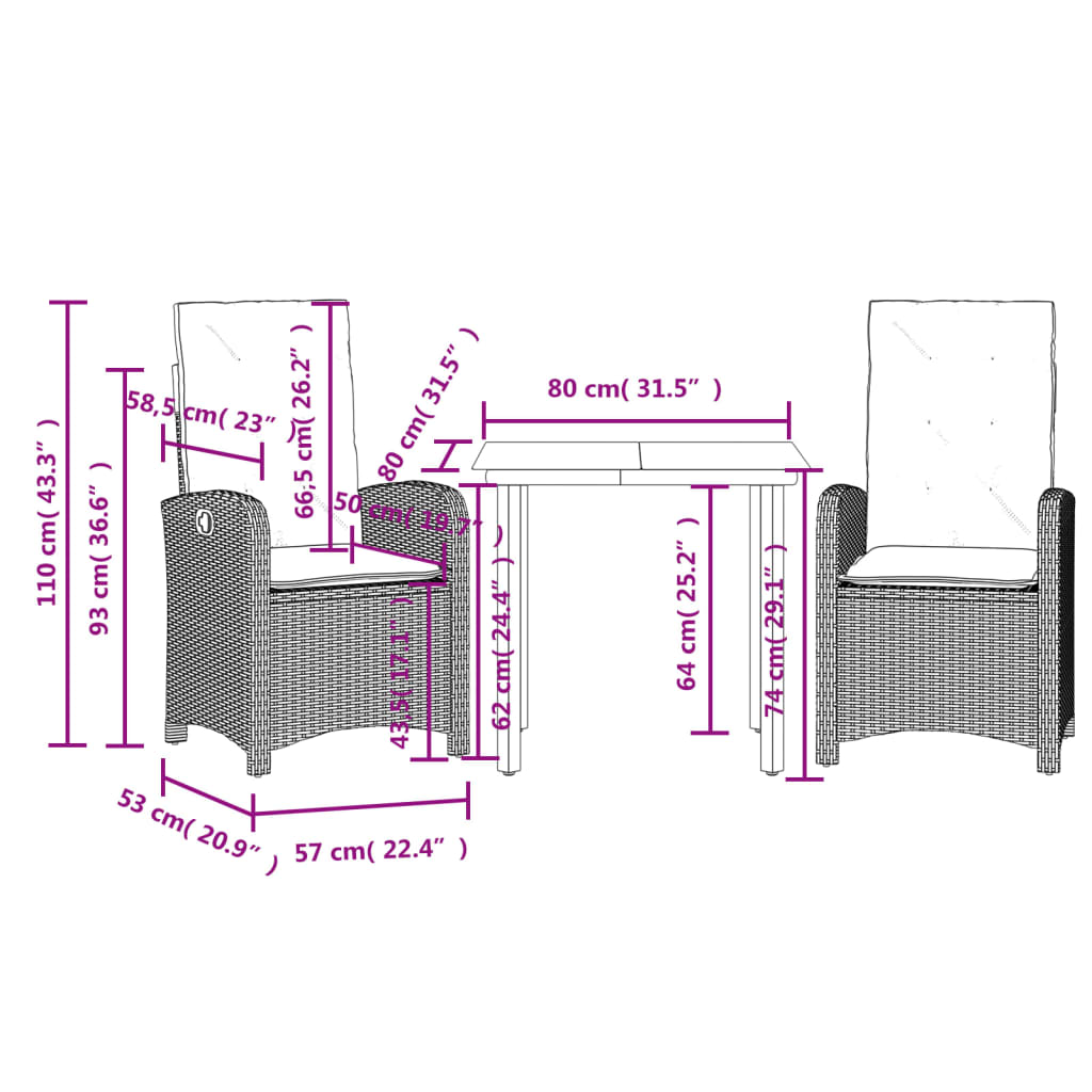 Set da Pranzo da Giardino 3 pz con Cuscini Nero in Polyrattan