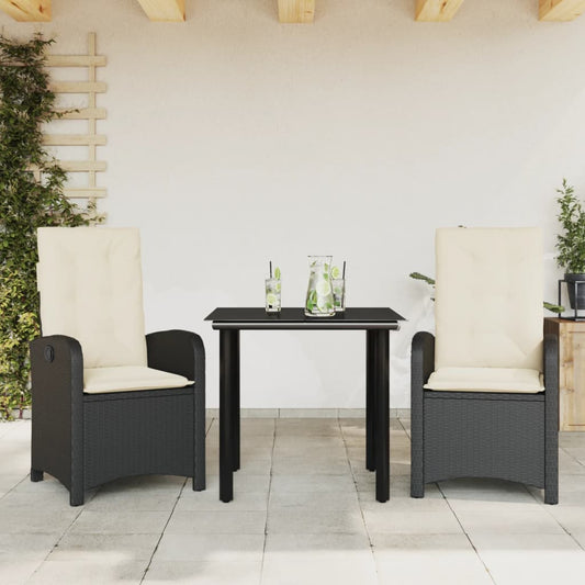 Set da Pranzo da Giardino 3 pz con Cuscini Nero in Polyrattan