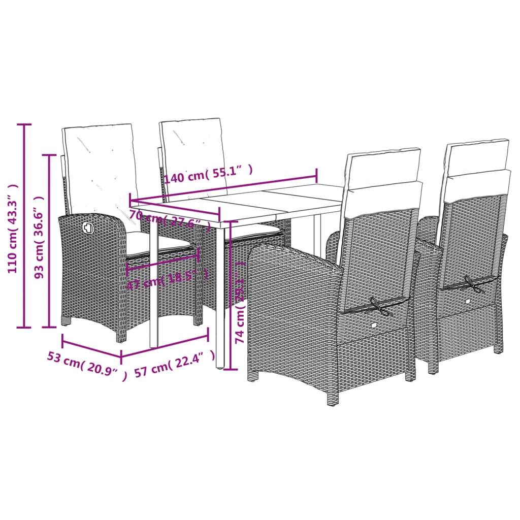 Set da Pranzo da Giardino 5 pz Nero con Cuscini in Polyrattan | homemem39