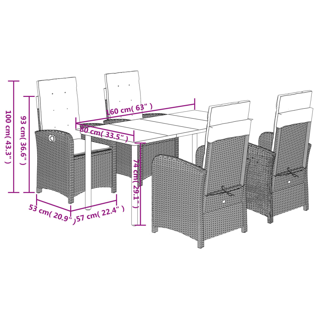 Set da Pranzo da Giardino 5 pz Nero con Cuscini in Polyrattan | homemem39
