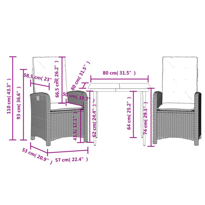 Set da Pranzo da Giardino 3 pz con Cuscini Nero in Polyrattan