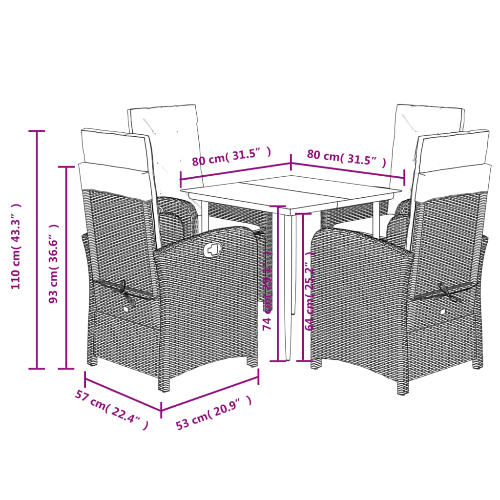 Set da Pranzo da Giardino 5pz con Cuscini in Polyrattan Marrone