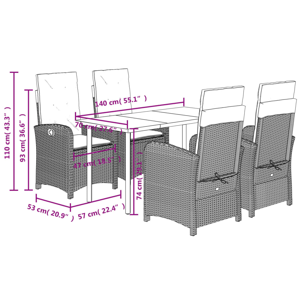Set da Pranzo da Giardino 5pz con Cuscini in Polyrattan Marrone | homemem39