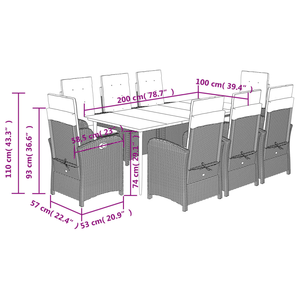 Set da Pranzo da Giardino 9 pz con Cuscini in Polyrattan Grigio - homemem39