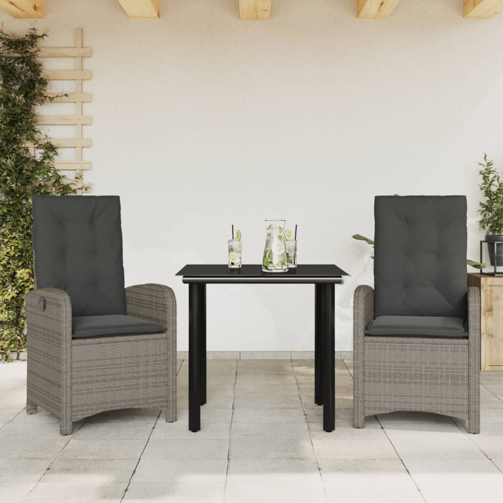 Set da Pranzo da Giardino 3 pz con Cuscini in Polyrattan Grigio