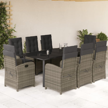 Set da Pranzo da Giardino 9 pz con Cuscini in Polyrattan Grigio