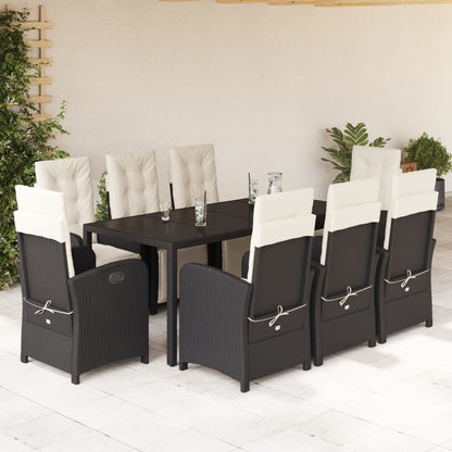 Set da Pranzo da Giardino 9 pz con Cuscini Nero in Polyrattan