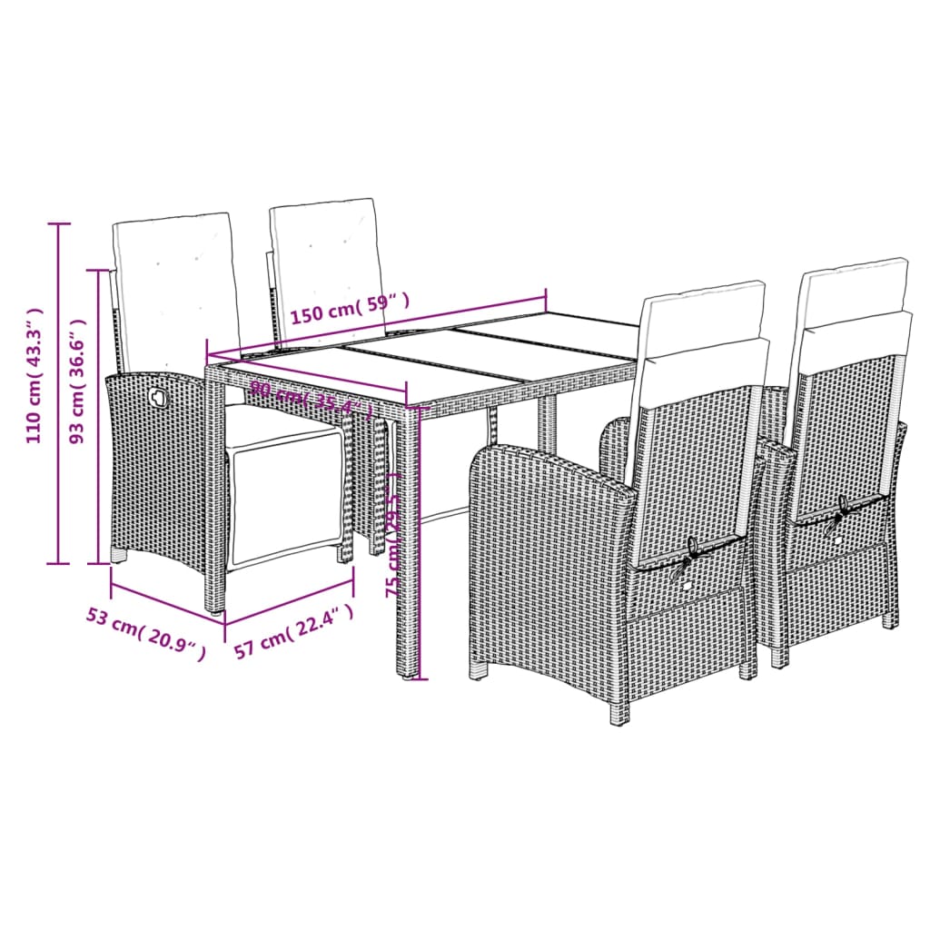 Set da Pranzo da Giardino 5 pz Nero con Cuscini in Polyrattan