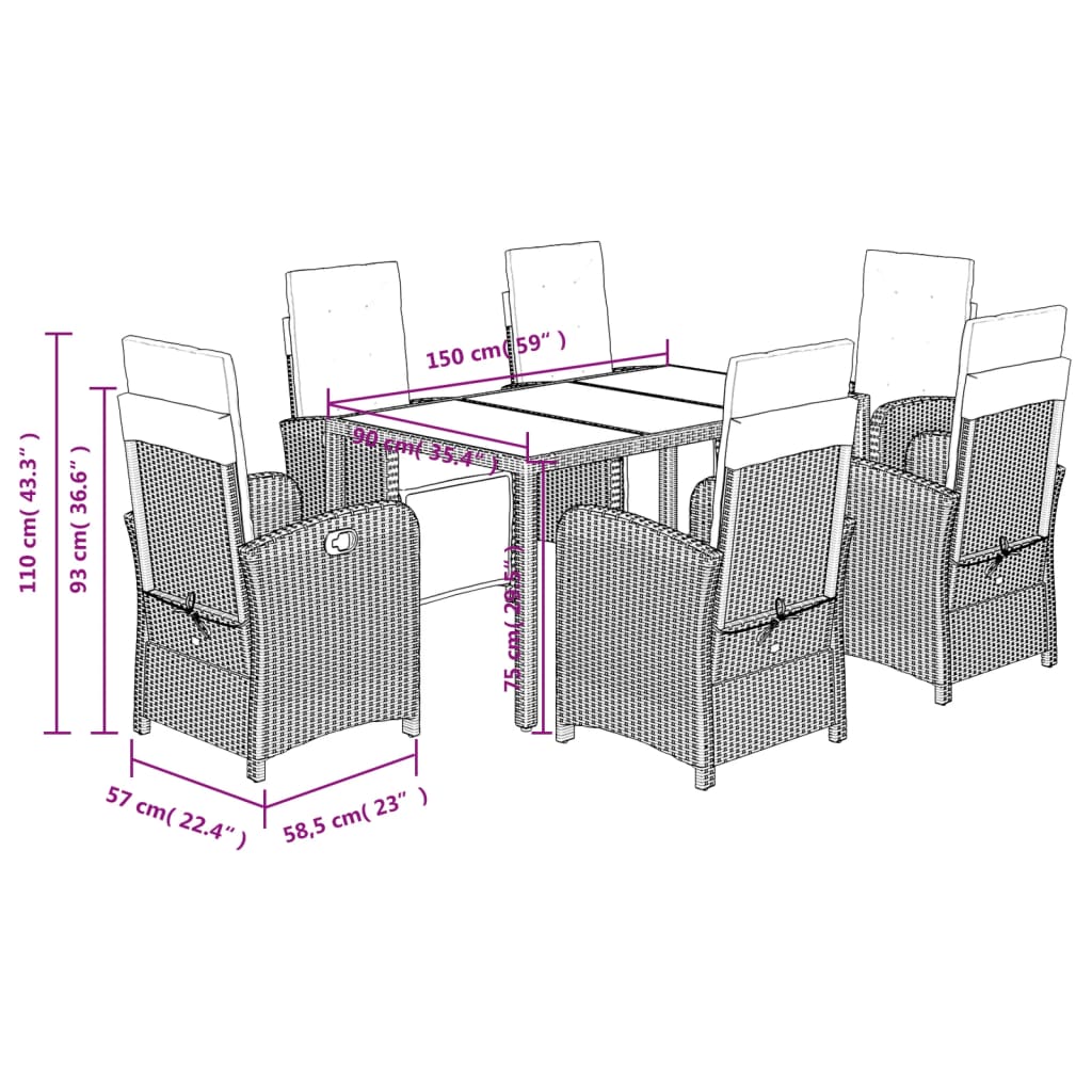 Set da Pranzo da Giardino 7 pz Nero con Cuscini in Polyrattan