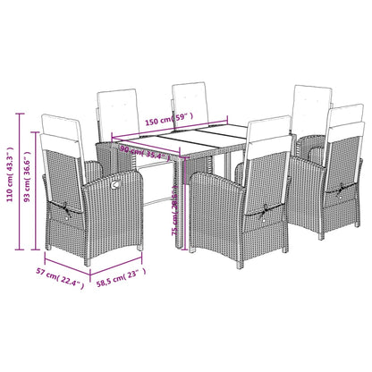 Set da Pranzo da Giardino 7 pz Nero con Cuscini in Polyrattan