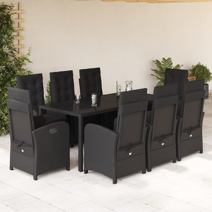 Set da Pranzo da Giardino 9 pz con Cuscini Nero in Polyrattan