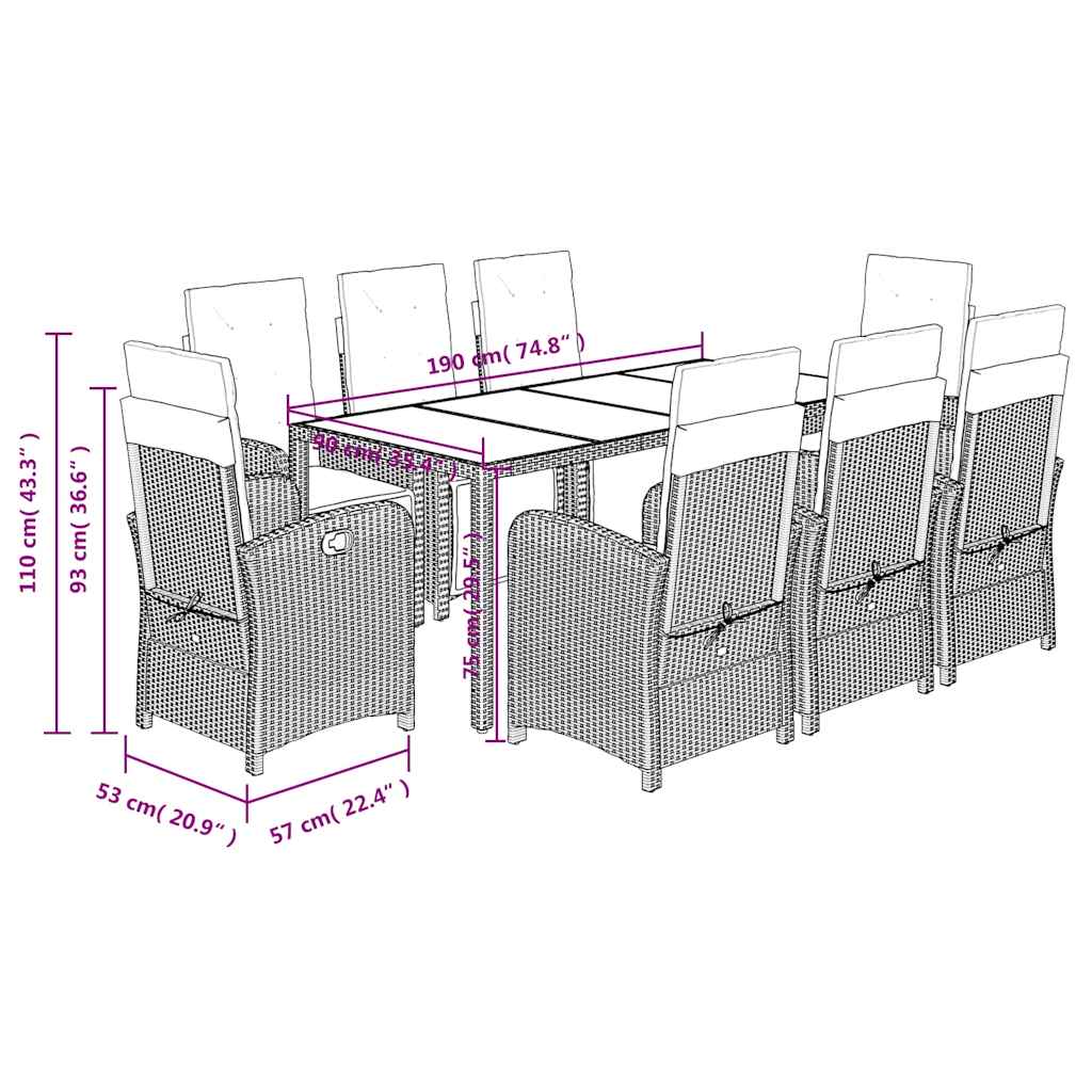 Set da Pranzo da Giardino 9 pz con Cuscini in Polyrattan Grigio | homemem39