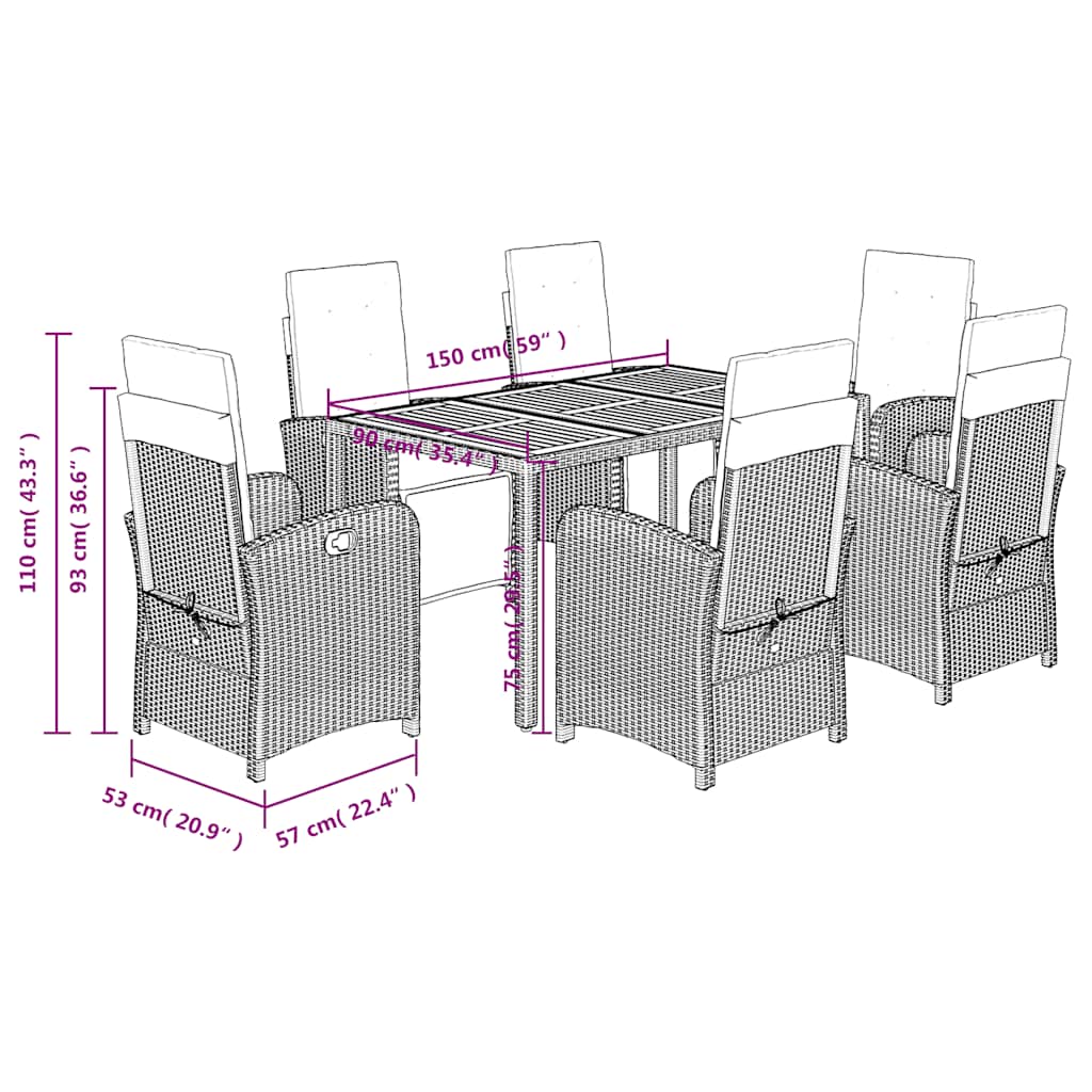 Set da Pranzo da Giardino 7 pz Nero con Cuscini in Polyrattan | homemem39
