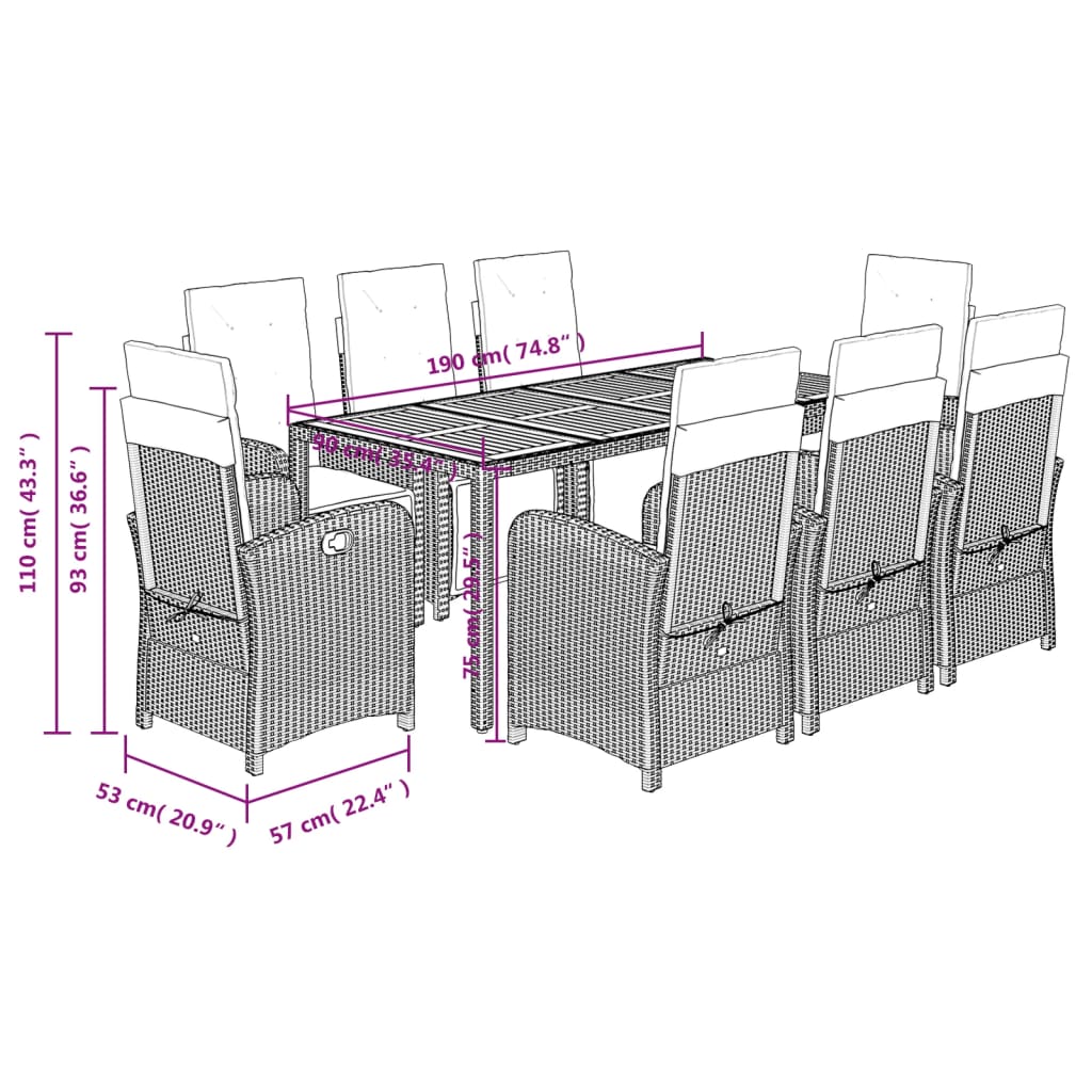 Set da Pranzo da Giardino 9 pz con Cuscini Nero in Polyrattan - homemem39