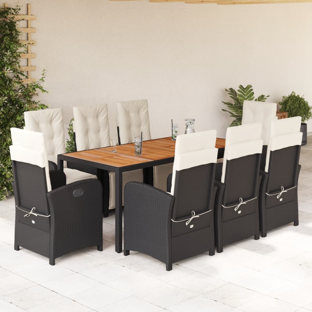 Set da Pranzo da Giardino 9 pz con Cuscini Nero in Polyrattan - homemem39