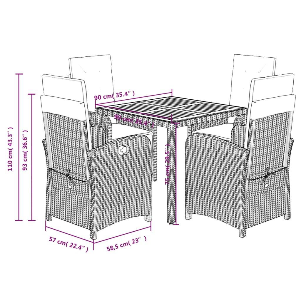 Set da Pranzo da Giardino 5 pz con Cuscini in Polyrattan Grigio