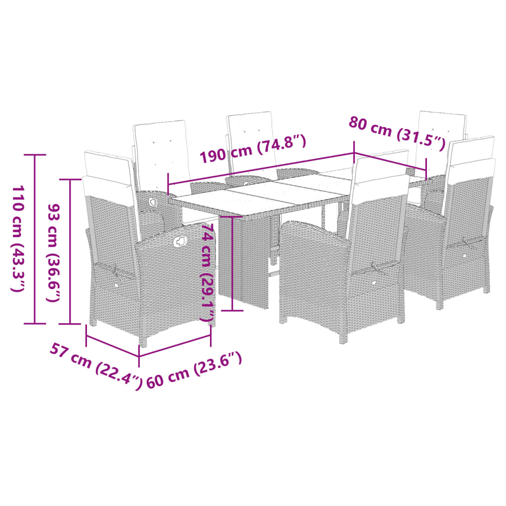 Set da Pranzo da Giardino 7 pz Nero con Cuscini in Polyrattan | homemem39