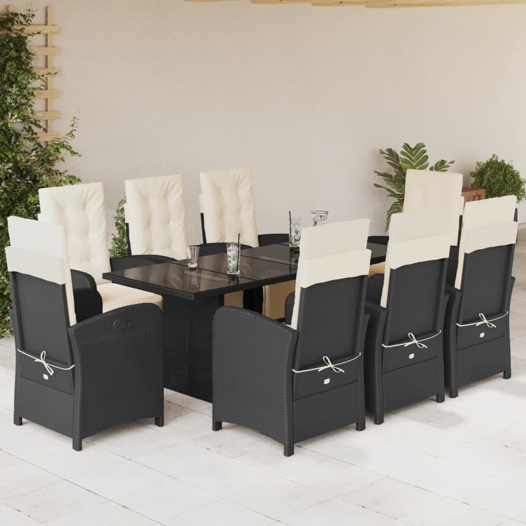 Set da Pranzo da Giardino 9 pz con Cuscini Nero in Polyrattan - homemem39
