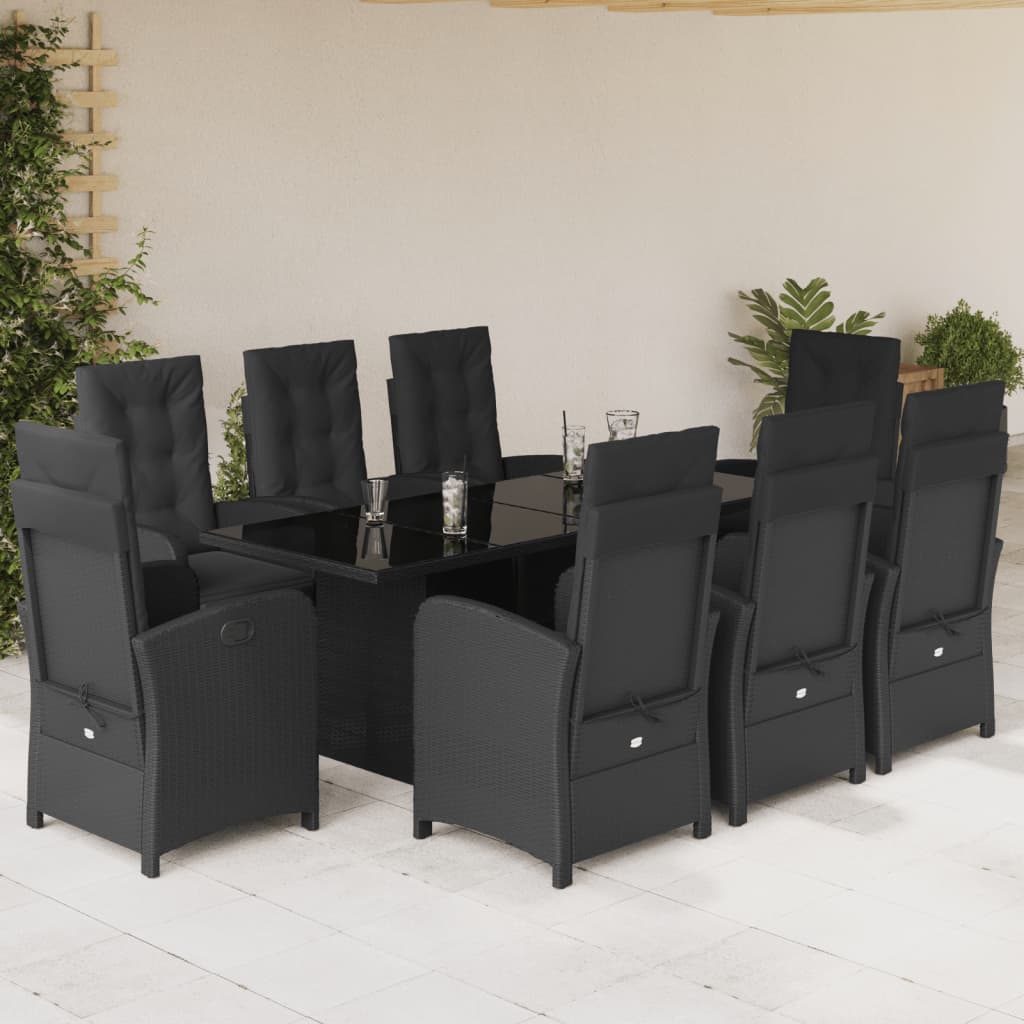 Set da Pranzo da Giardino 9 pz con Cuscini Nero in Polyrattan - homemem39
