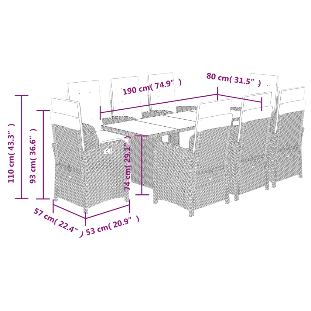 Set da Pranzo da Giardino 9 pz con Cuscini in Polyrattan Grigio | homemem39