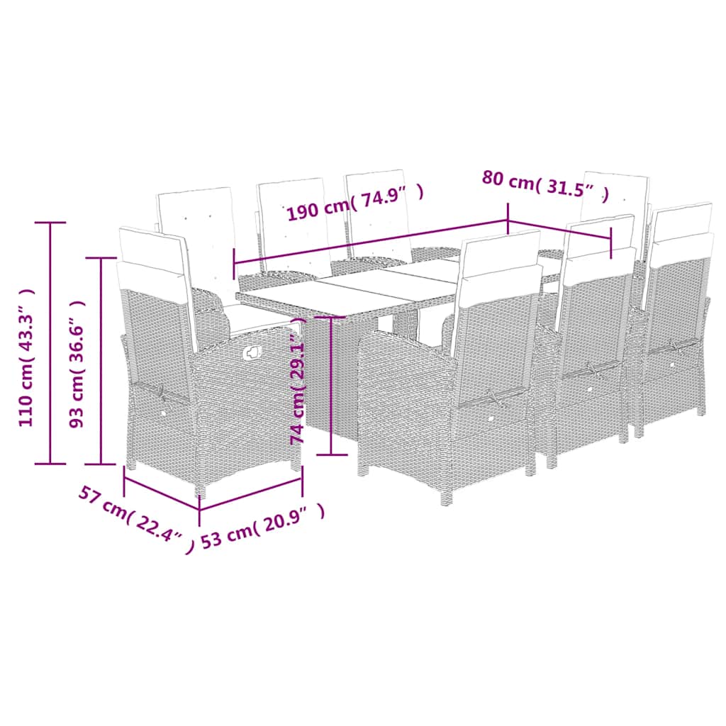 Set da Pranzo da Giardino 9 pz con Cuscini in Polyrattan