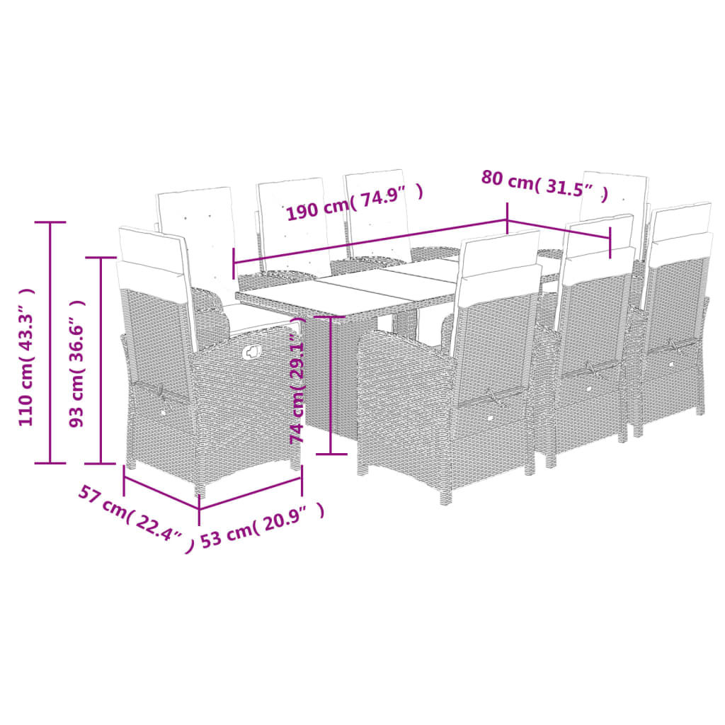 Set da Pranzo da Giardino 9 pz con Cuscini Beige in Polyrattan | homemem39