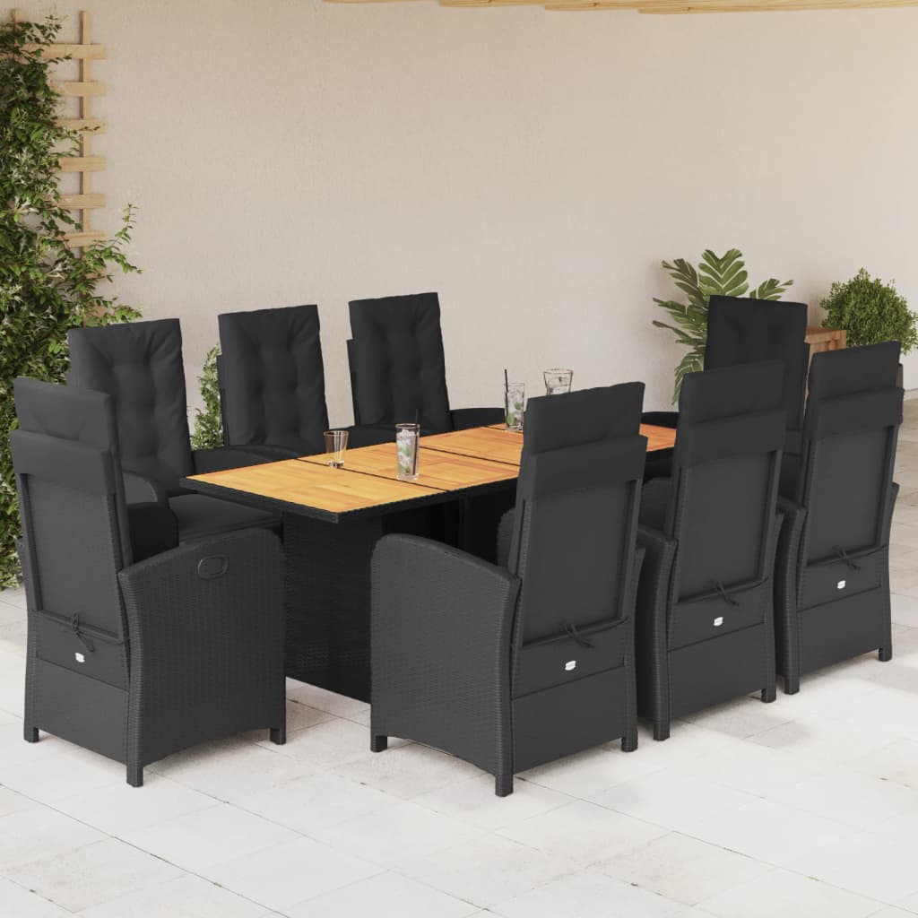 Set da Pranzo da Giardino 9 pz con Cuscini Nero in Polyrattan - homemem39