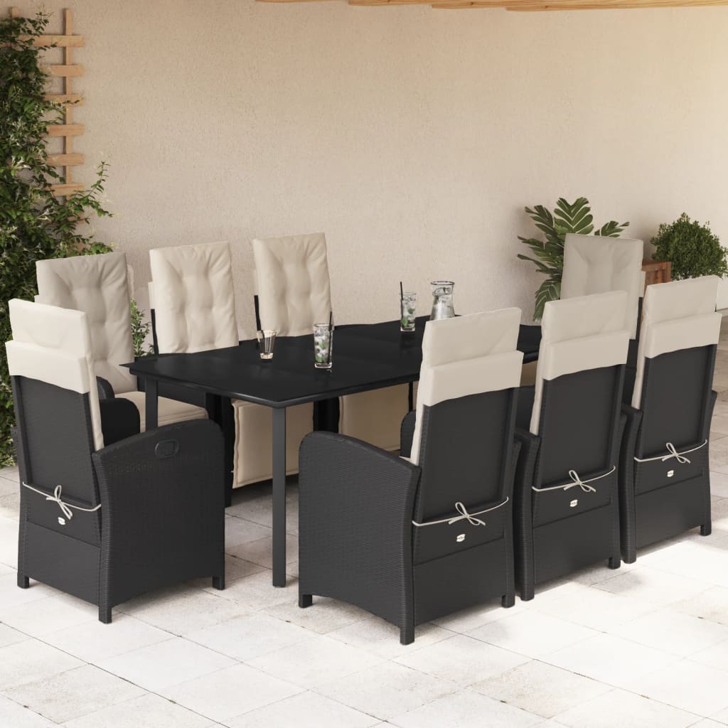 Set da Pranzo da Giardino 9 pz con Cuscini Nero in Polyrattan - homemem39