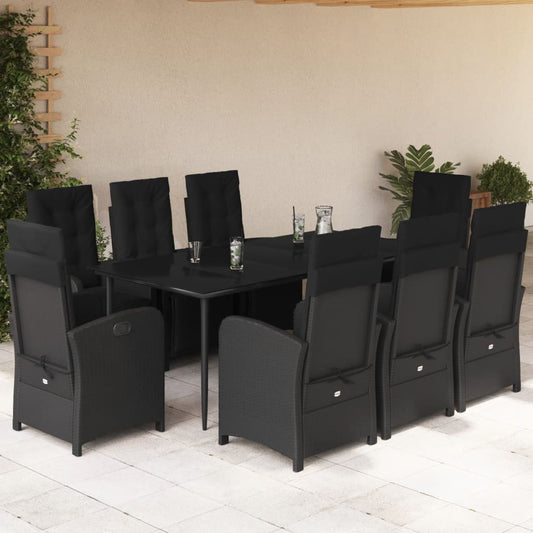 Set da Pranzo da Giardino 9 pz con Cuscini Nero in Polyrattan - homemem39