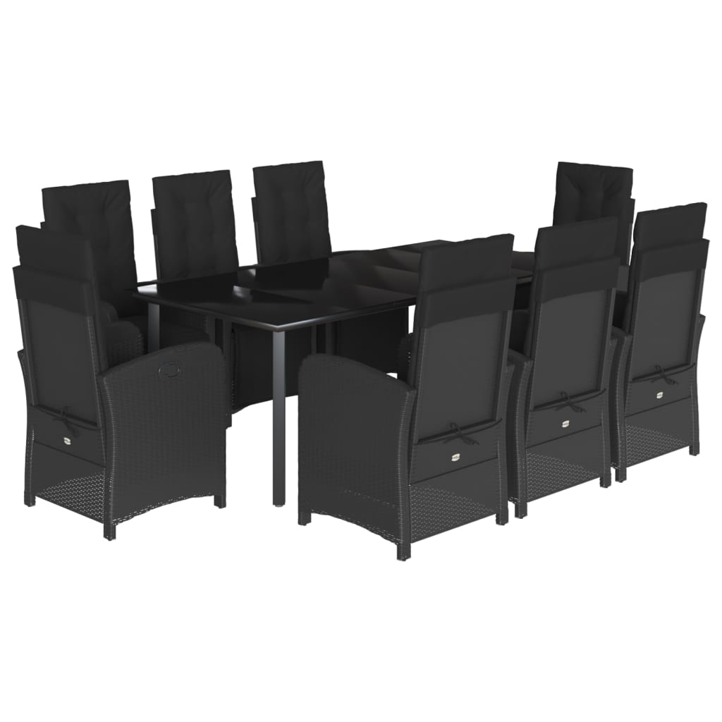 Set da Pranzo da Giardino 9 pz con Cuscini Nero in Polyrattan