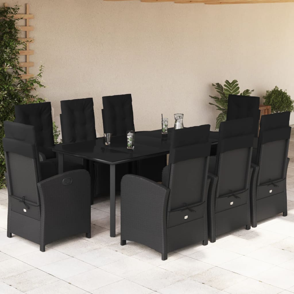 Set da Pranzo da Giardino 9 pz con Cuscini Nero in Polyrattan