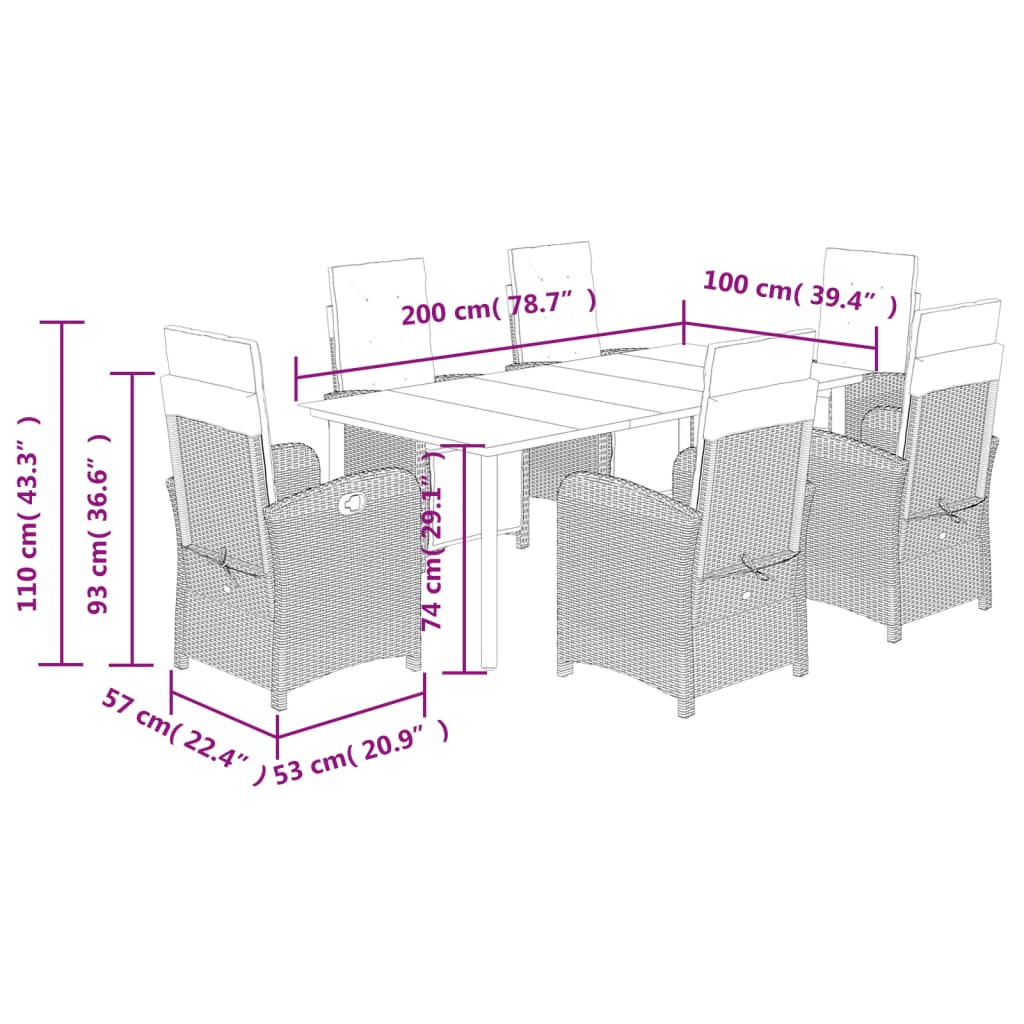 Set da Pranzo da Giardino 7 pz con Cuscini in Polyrattan Grigio