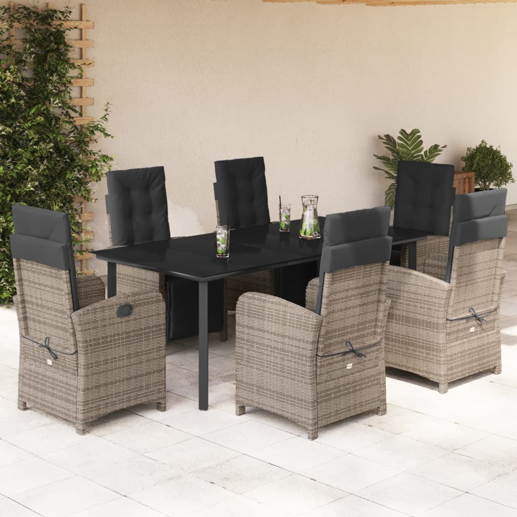 Set da Pranzo da Giardino 7 pz con Cuscini in Polyrattan Grigio