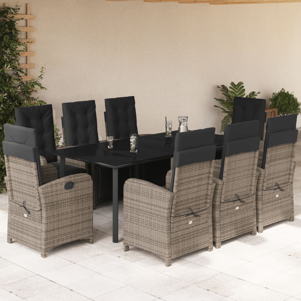 Set da Pranzo da Giardino 9 pz con Cuscini in Polyrattan Grigio - homemem39