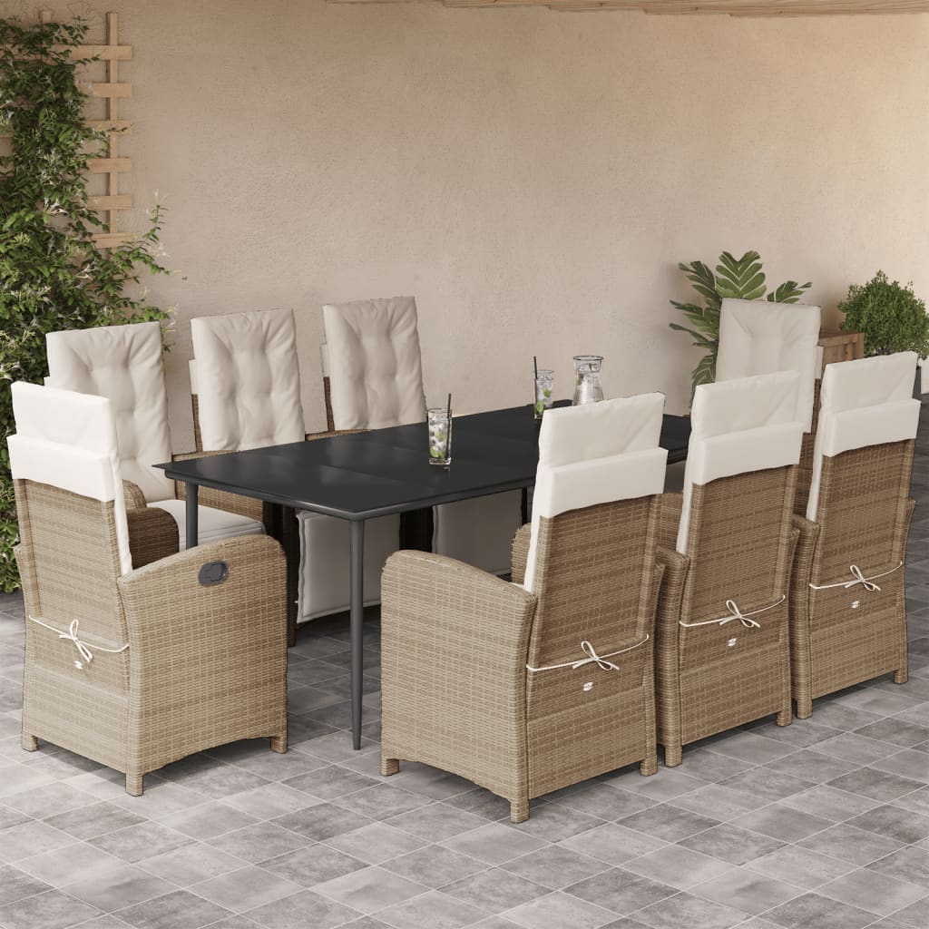 Set da Pranzo da Giardino 9 pz con Cuscini Beige in Polyrattan - homemem39