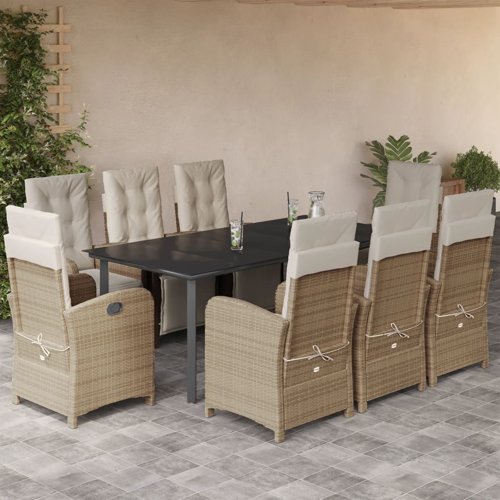 Set da Pranzo da Giardino 9 pz con Cuscini Beige in Polyrattan - homemem39