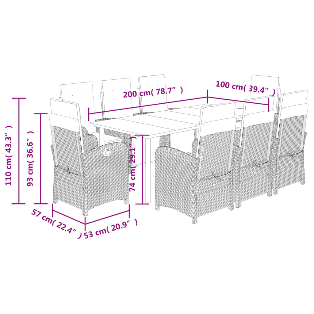 Set Pranzo da Giardino 9pz con Cuscini Grigio Chiaro Polyrattan