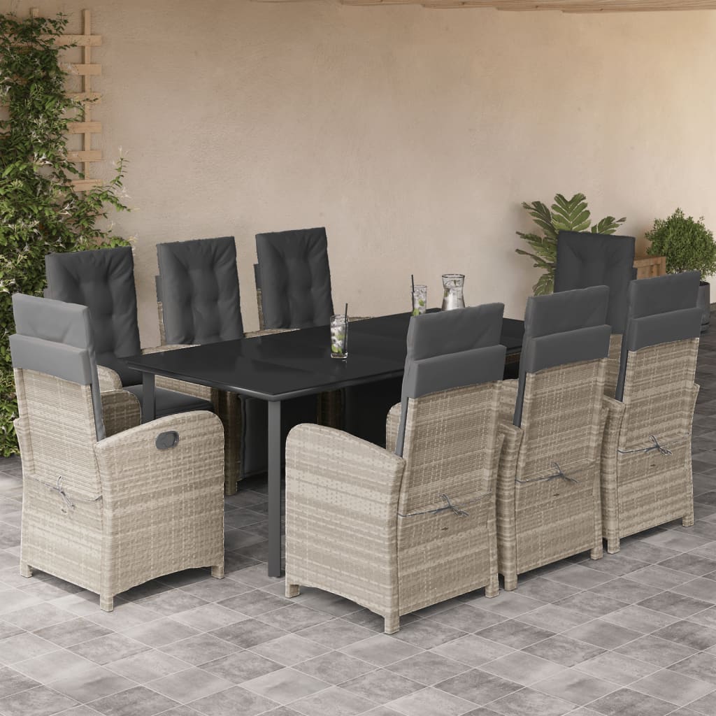 Set Pranzo da Giardino 9pz con Cuscini Grigio Chiaro Polyrattan | homemem39