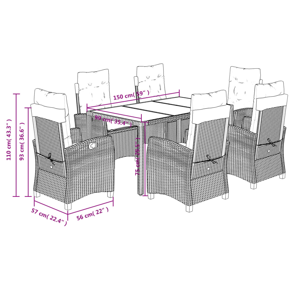 Set da Pranzo da Giardino 7 pz Nero con Cuscini in Polyrattan | homemem39