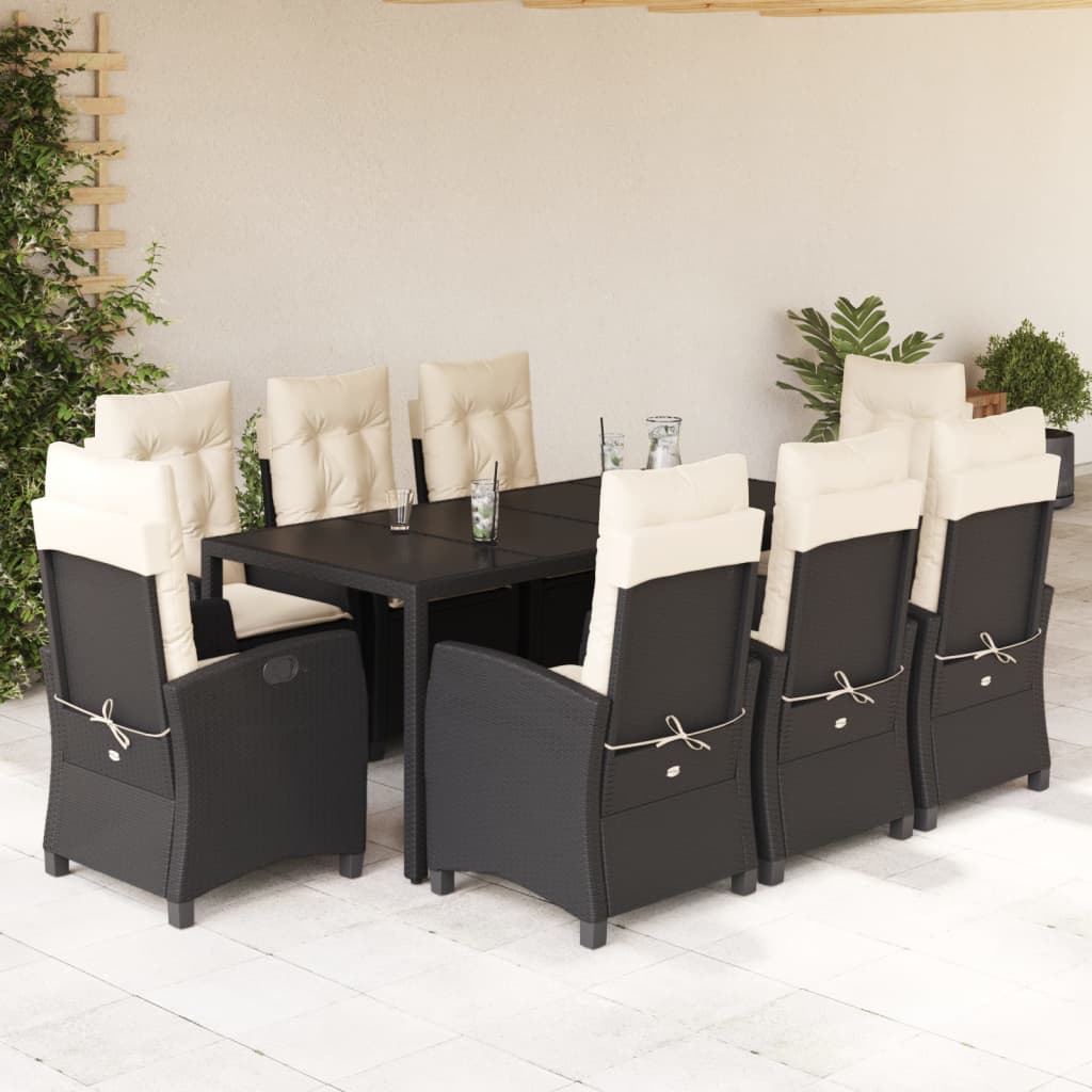 Set da Pranzo da Giardino 9 pz con Cuscini Nero in Polyrattan - homemem39
